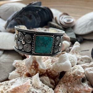 New Faux Turquoise Stone Silver Toned  Brass cuff bracelet womens boho western